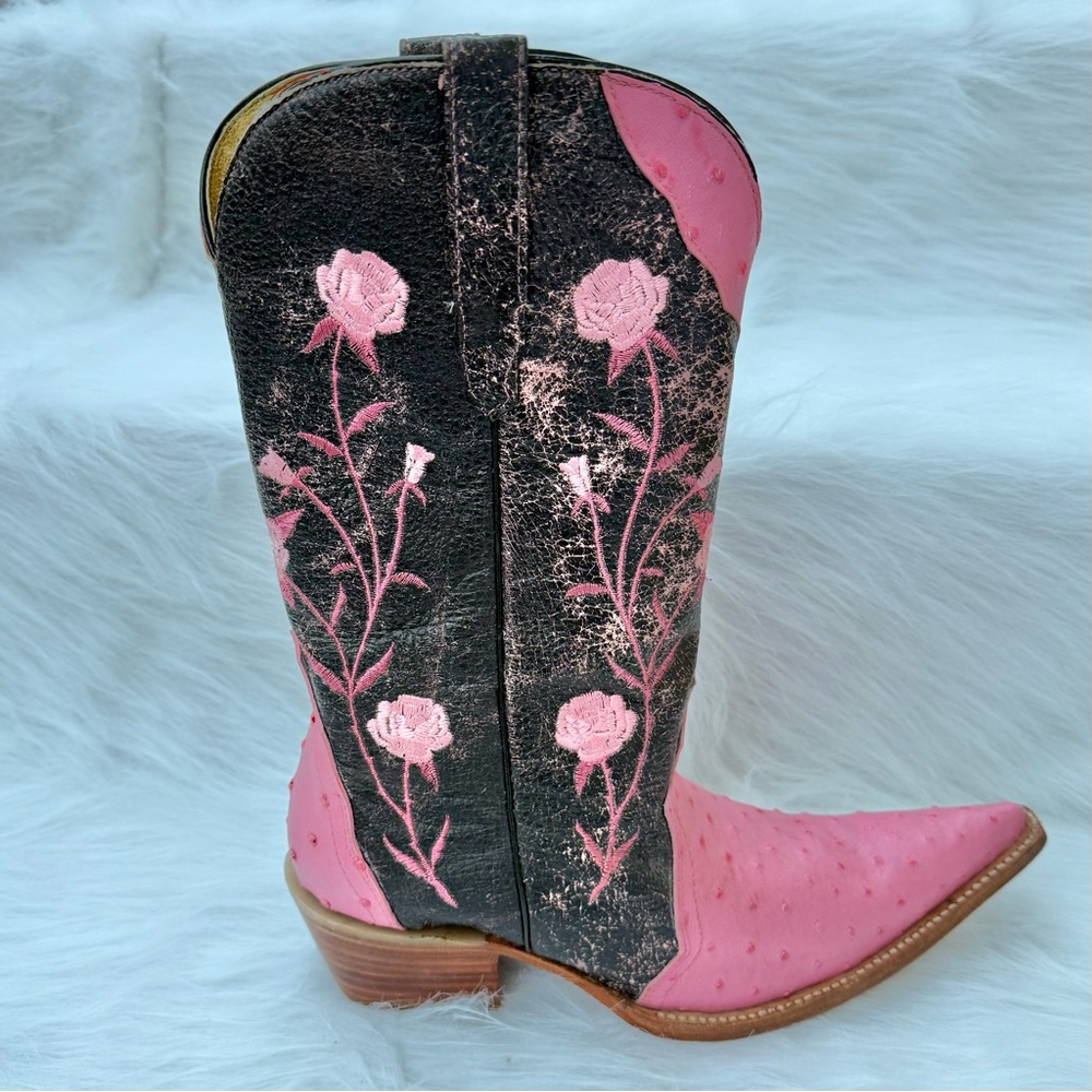 White Diamond Ostrich Pink Floral Western Boots Size 9.5 Runs small, fits 8.5/9 - Picture 1 of 11
